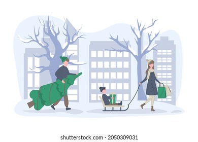 Family Christmas shopping and winter holidays. A man carries a Christmas tree and a woman sledding a child. Vector flat illustration.