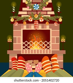 Family In Christmas Socks Near Decorated Fireplace. Vector Illustration In A Flat Cartoon Style. Mother; Father And Baby Having Fun Together. Cozy Rest At Home Winter Holiday Xmas And New Year Concept