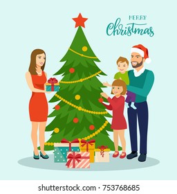 Family at Christmas. Family standing near christmas tree and decorating. Vector flat illustration