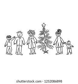 Family  at the Christmas tree. Children's drawing, vector illustration. 