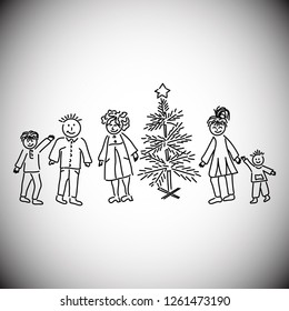 Family  at the Christmas tree. Children's drawing, vector illustration. 