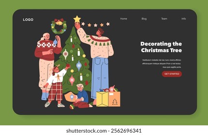 Family Christmas Tree Decorating concept. A joyful gathering to adorn the evergreen with ornaments and a star. Festive tradition, cozy home scene. Vector illustration.