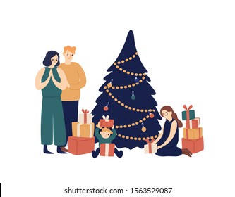 Family and Christmas tree flat vector illustration. Smiling parents and children opening gifts under New Year tree cartoon characters. Winter holiday celebration. Present giving, Xmas tradition.