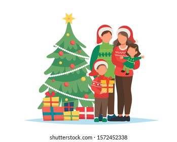 Family with Christmas tree and gifts. Cute vector illustration in flat style