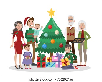 Family with christmas tree. Happy smiling family in christmas costumes with gift boxes.
