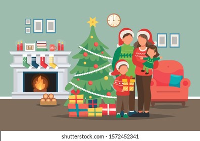Family with Christmas tree and interior. Decorated fireplace. Cute vector illustration in flat style