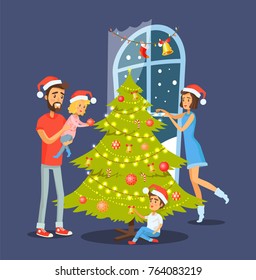 Family and Christmas tree, people decorating evergreen pine with balls and garlands, window and snow, bell and red sock, vector illustration