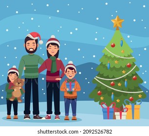 family christmas and tree snowscape