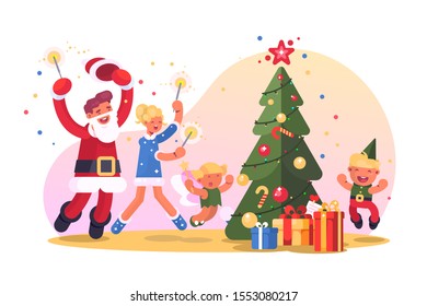 Family with christmas tree vector illustration. Happy parents and children dancing and having fun near decorated fir-tree flat style concept. Xmas and Happy New Year concept