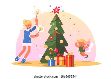 Family with christmas tree vector illustration. Happy mother and child dancing and having fun near decorated fir-tree flat style concept. Xmas and Happy New Year concept