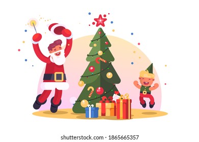Family with christmas tree vector illustration. Happy santa and child dancing and having fun near decorated fir-tree flat style concept. Xmas and Happy New Year concept