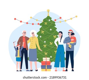 Family at christmas tree. Xmas traditional photo with grandmother, kids and adults. Cartoon new year party at home concept. Flat winter recent vector characters
