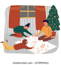 Family Christmas vacation concept. Vector flat cartoon illustration. Young white parents with their little children sitting on the floor and draw a winter snowman at home