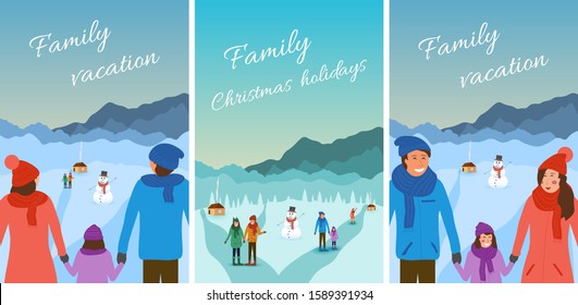 Family Christmas winter holidays outdoors. Vector illustration of resting people and vacation in nature or a ski resort with mountains and houses. Adventure trip for parents and child on the weekend.