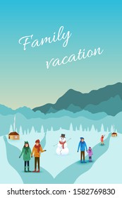 Family Christmas winter holidays and weekends. Vector illustration of mountain landscape, wooden house and snowman. Happy people on winter vacation in nature. Couples, parents and child holding hands.