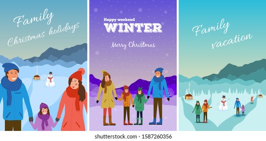 Family Christmas winter holidays and weekends outdoors. Vector illustration of people resting on vacation in nature, landscape, wooden house and snowman. Couples, parents and child holding hands.