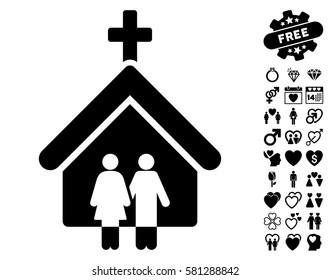 Family Church icon with bonus decorative clip art. Vector illustration style is flat iconic black symbols on white background.