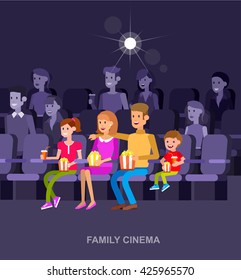 Family Cinema movie poster or banner template, popcorn, 3D glasses, concept banner. Cinema hall. Rest with family in the cinema. Cute vector character people