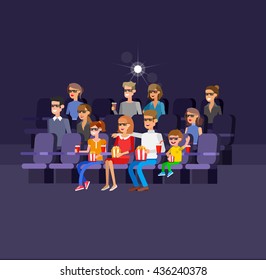 Family Cinema movie poster or banner template, popcorn, 3D glasses, concept banner. Cinema hall. Rest with family in the cinema. Cute vector character people