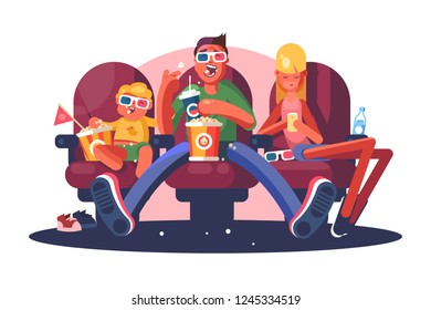 Family in cinema watching movie flat poster. Cartoon smiling man and boy in 3D glasses sitting with popcorn beverages and young woman using internet in modern smartphone vector illustration