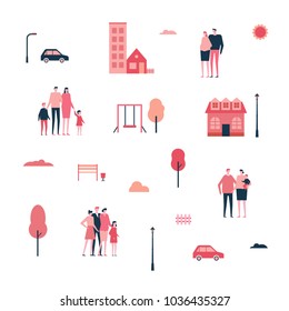 Family in the city - flat design style set of isolated elements on white background for creating your own images. A collection of cartoon characters, buildings, playground items, bench, lanterns, car