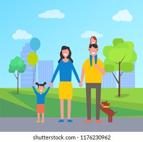 Family in city park having fun. Father and daughter on neck mother holding kid. Small girl with balloons. Parents in town skyscraper and trees vector