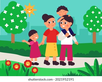 Family in city park. Outdoor lifestyle, walking with parents. Children father and mother relax on weekend, cartoon cute kids decent vector scene