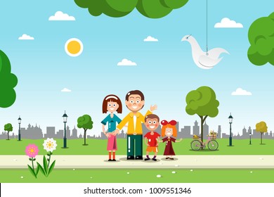 Family in City Park. Vetor Flat Design Illustration.