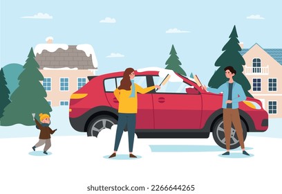 Family clean car from snow. Winter season, man and woman with mops clean glass of vehicle. Poster or banner for website. Brushing auto parked near of cottage. Cartoon flat vector illustration