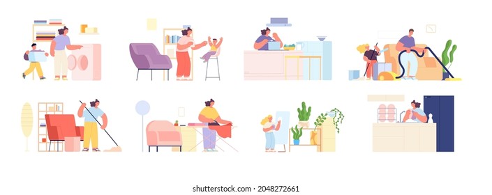 Family clean home. Parents cleaned flat, cleaning bathroom together. Isolated teenage and adults doing housework. Domestic routine utter vector scenes