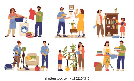 Family clean home. Woman wash clothes, child and parents cleaning house. Household help characters, housework routine swanky vector scenes