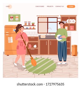 Family clean kitchen and wash dishes together. House cleaning concept illustration. Vector web site design template. Landing page website illustration