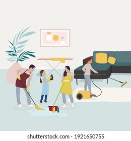Family clean room together, father mother and kid wipe dust, vacuuming. Clean house illustration, domestic chores vector