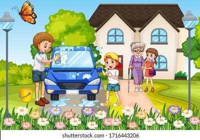 Family Cleaning Car In Front Of The House Illustration