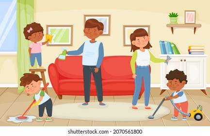 Family Cleaning Home Children Helping Parents Stock Vector (Royalty ...