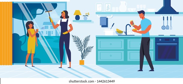 Family Cleaning up Home Flat Vector Illustration. Mother, Father and Daughter Cartoon Characters. Woman with Child Washing Window. Man Holding Sponge and Dishwashing Liquid. Domestic Chores