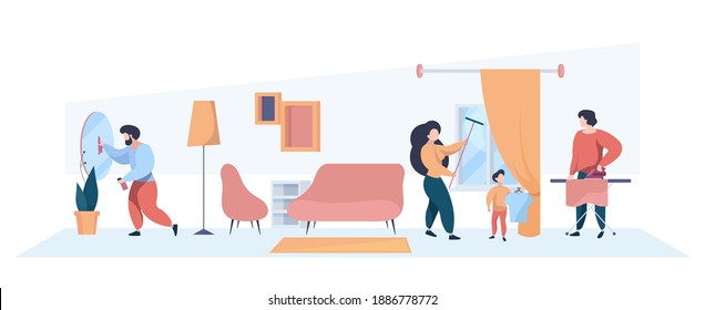 Family cleaning home interior. Mother father and kids washing room children helping parents garish vector person