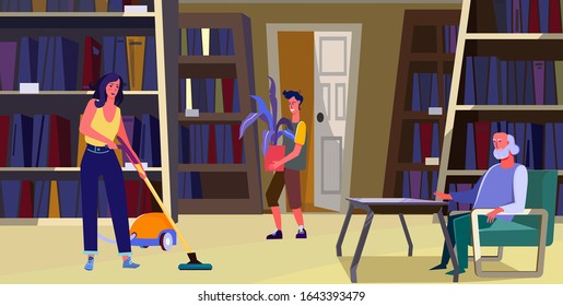 Family cleaning up home library. Book shelves, vacuum cleaner, moving houseplants flat vector illustration. Home, household, domestic concept for banner, website design or landing web page