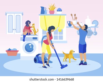 Family Cleaning Home Together Illustration. Mother Vacuuming Carpet on Floor, Father Putting Spoons on Correct Place. Daughter Playing with Cat on Washing Machine. Dog Barking. Vector Flat Cartoon