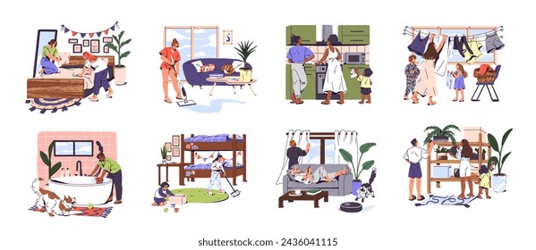 Family cleaning home together set. Kids help parents to do cleanup. People washing floor, bath, hanging laundry, cooking, watering houseplants. Housework flat isolated vector illustration on white