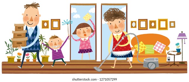 family cleaning the house