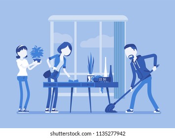 Family cleaning the house. People doing together regular light work of a household, housekeeping management of duties and chores. Vector illustration, faceless characters