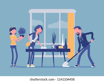 Family cleaning the house. People doing together regular light work of a household, housekeeping management of duties and chores. Vector illustration, faceless characters