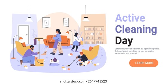 Family cleaning house teamwork household chores people vacuuming mopping spraying tidy living room modern furniture cozy interior pastel colors website banner