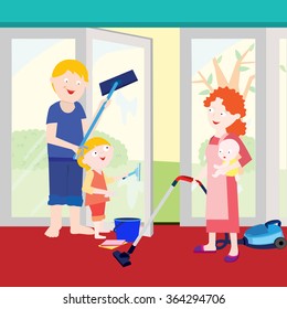 A family is cleaning the house togethe