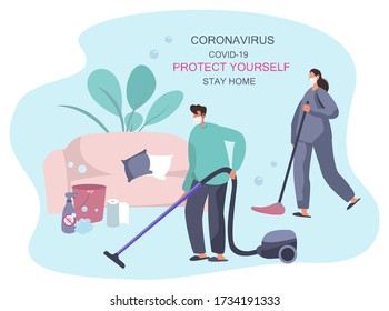 Family Cleaning House Together During Quarantine, Mopping,Wiping Dust and Vacuum Cleaning.Housewife Cleaning Floor with Broom and Bucket.Domestic Housework with Vacuum Cleaner.Flat Vector Illustration