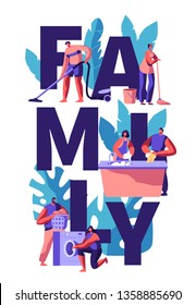Family Cleaning House Together. Man Vacuuming and Wipe. Woman Wash Dish and Floor. Couple Picking Laundry from Washing Machine. Husband with Vacuum. Vertical Flat Cartoon Vector Illustration
