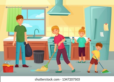 Family Cleaning Kitchen. Father, Mother And Kids Clean Cuisine Together Household Dusting And Wiping Floor. Kitchen Domestic Cleaning, Tidy Family Regular Housekeeping Cartoon Vector Illustration