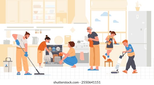 Familienreinigung der Küche flache Vektorgrafik. Familie macht zusammen Hausarbeit.
