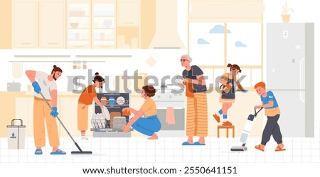 Family cleaning the kitchen flat vector illustration. Family doing house chores together.